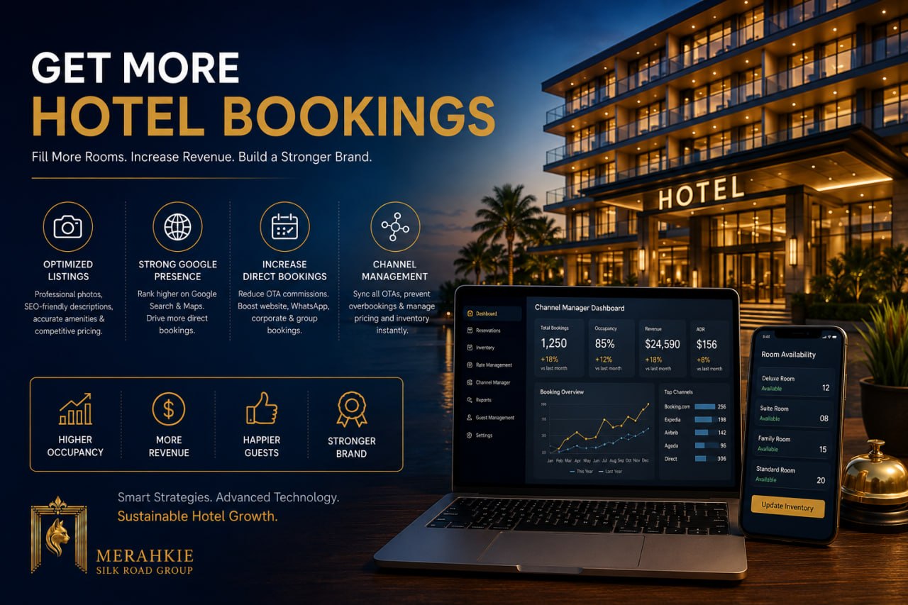 Hotel Website Development with mobile-friendly design, booking engine integration, and SEO to increase direct hotel bookings.